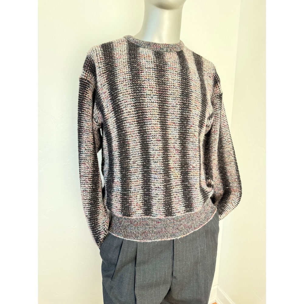 Vintage Alpaca Wool Knit Sweater Mens Black Gray Stripe‎ Crewneck Pullover